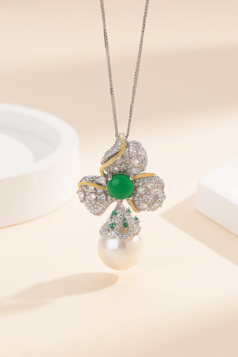 Green Gem Zirconia Floral Peal Pendant - House Of Pearls
