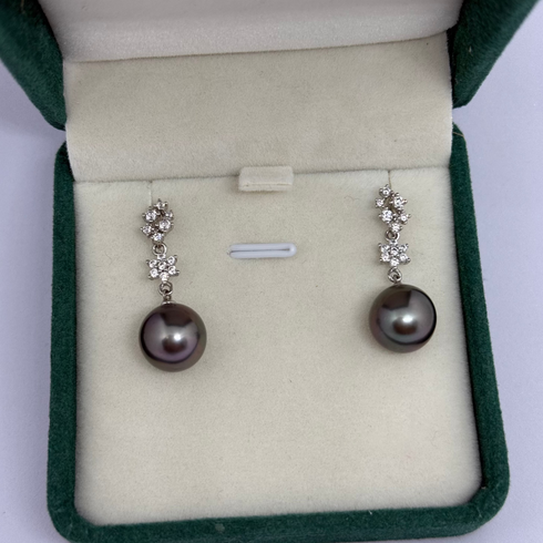 10-11mm Tahitian Pearl Stellar Night Drop Earrings with diamond cluster accents