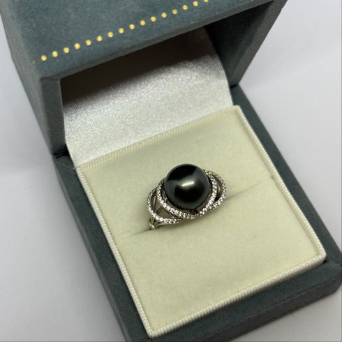 Ring, 11-12mm Tahitian pearl with diamond-accented ocean-weave band in a presentation box