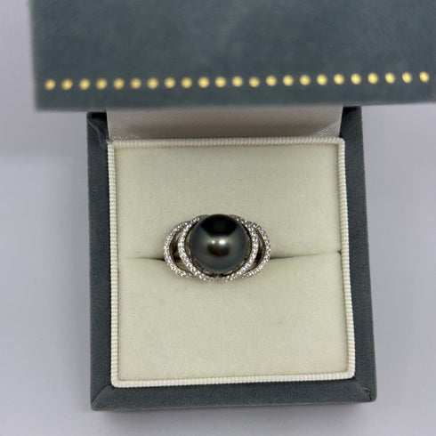 11-12mm Tahitian Pearl Ocean Weave Ring with dark pearl and pavé diamond halo