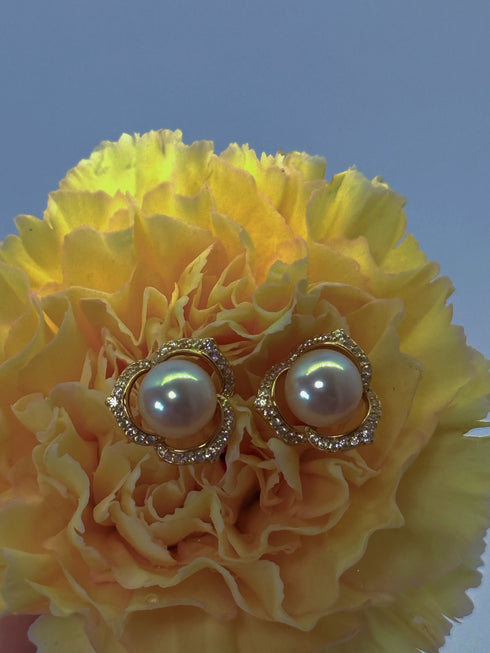 8-9mm Japanese Akoya Flower Stud Earrings by House Of Pearls, gold halo with pavé diamonds (2 pcs)