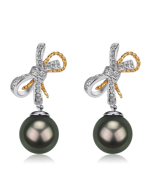 Tahitian South Sea Pearl & CZ Bow Earrings - House Of Pearls