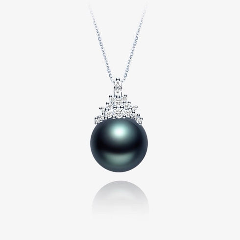 Necklace Snow Queen pendant with 11-12mm Tahitian South Sea dark pearl and diamond crown, House Of Pearls XM
