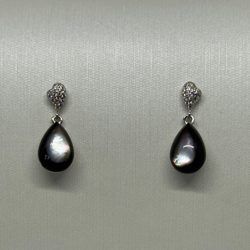 Teardrop Tahitian Shell Earrings by House Of Pearls: pair of dark iridescent pearl drops with crystal pave caps