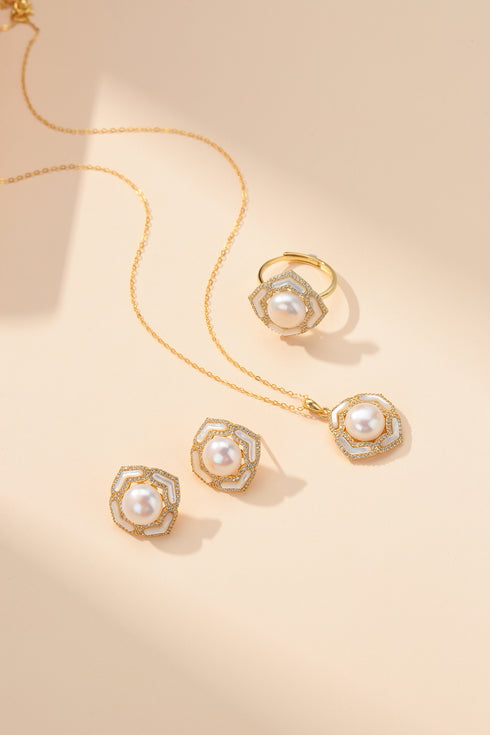 Button Pearls & Zinnia Floral Necklace Earrings Set ( Purchase Individually) - House Of Pearls