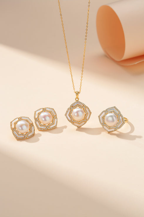 Button Pearls & Zinnia Floral Necklace Earrings Set ( Purchase Individually) - House Of Pearls