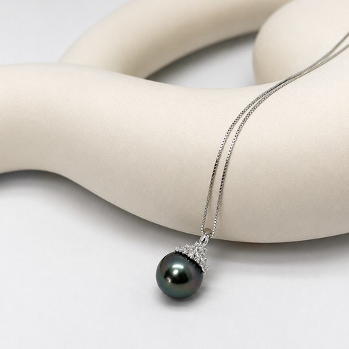 Necklace: Tahitian South Sea pearl pendant, 11-12mm, diamond halo on silver chain by House Of Pearls XM