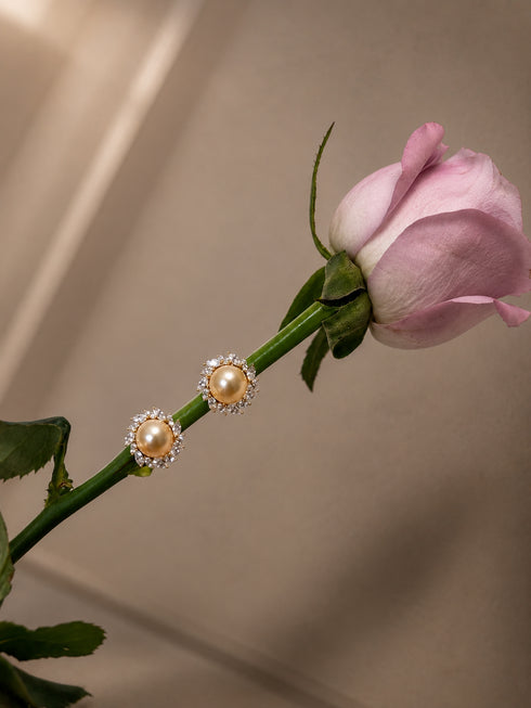 9mm Golden South Sea Pearl Sunburst Stud Earrings by House Of Pearls with a diamond halo
