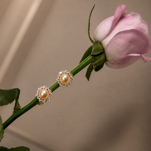 9mm Golden South Sea Pearl Sunburst Stud Earrings by House Of Pearls with a diamond halo