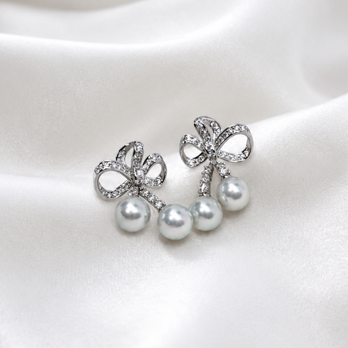 Pair of House Of Pearls 7–8mm Japanese Silver-Blue Akoya Pearl Celestial Bow Duo Drop Earrings; silver pavé bow with pearl drops