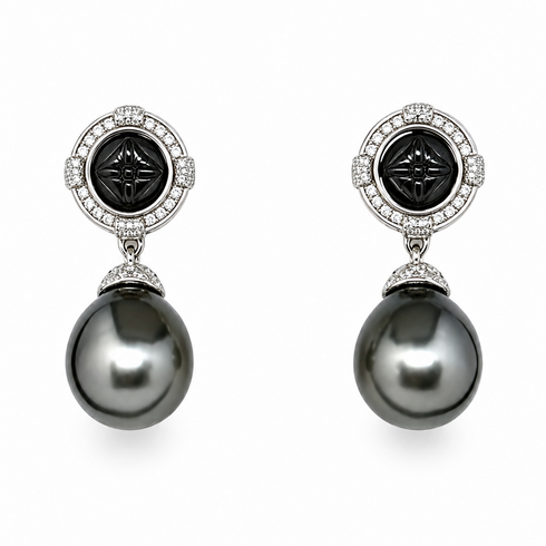 10-11mm Tahitian Pearl Stellar Night Drop Earrings by House Of Pearls, with diamond-halo top