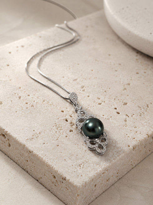 Floral Baroque Tahitian Pearl Pendant Necklace by House of Pearls - MZ, silver-tone chain with pavé crystal accents