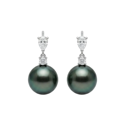 Tahitian Pearl Line Drop Earrings, House Of Pearls, pair with dark green-black pearls and clear stones in sterling silver