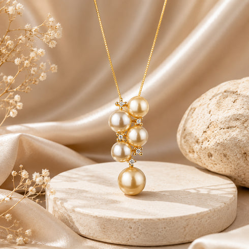Five-Drop Golden South Sea Pearl Gold Pendant Necklace in 18K Gold with diamond accents