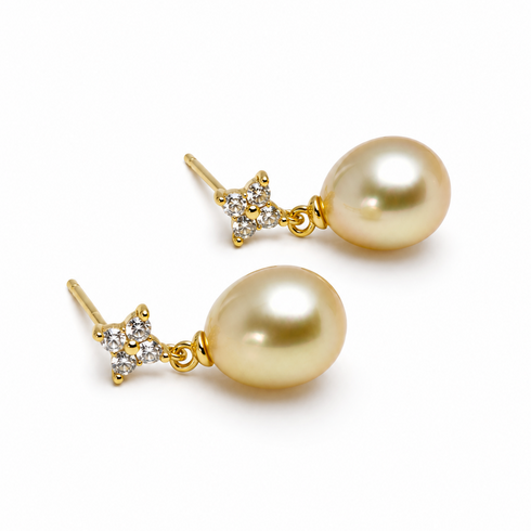 Golden South Sea Pearl Dainty Gold Drop Earrings with diamond-studded flower accents in gold, House Of Pearls XM