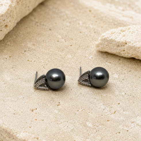 Tahitian South Sea Pearl Apex Noir Stud Earrings; dark gray pearls with silver-tone triangular settings, pair