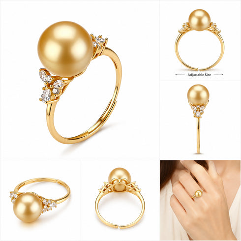 Three-leaf open gold ring with a 10–11mm Golden South Sea pearl and diamond accents