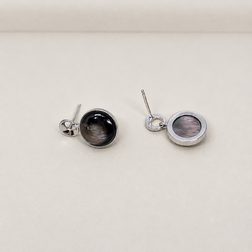 6-7mm Black Mother of Pearl Noir Nacre Earrings, 2-piece set in silver bezel, House Of Pearls.
