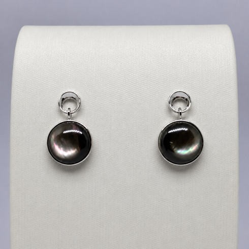 6-7mm Black Mother of Pearl Noir Nacre Earrings, House Of Pearls, silver-tone bezel settings, pair