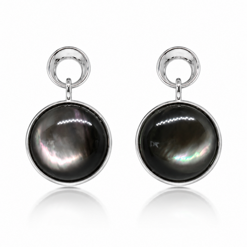 Earrings: 6–7mm black mother-of-pearl noir nacre round drop earrings in silver settings (pair)