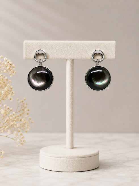 6-7mm Black Mother of Pearl Noir Nacre Earrings, a pair with silver-tone settings