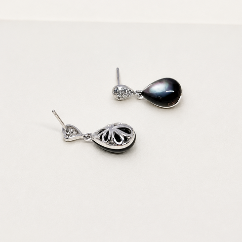 Teardrop Tahitian Shell Earrings by House Of Pearls; pair with dark iridescent teardrops and silver filigree drops.