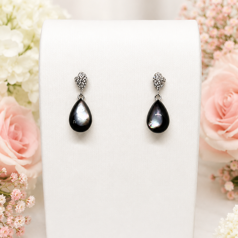 Teardrop Tahitian Shell Earrings by House Of Pearls; pair of black iridescent shell drops with pavé crystal studs.