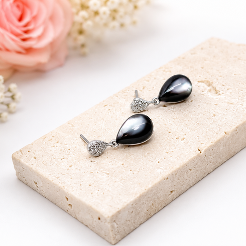 Teardrop Tahitian shell earrings, black pearls with silver-tone settings and crystal accents, House Of Pearls pair
