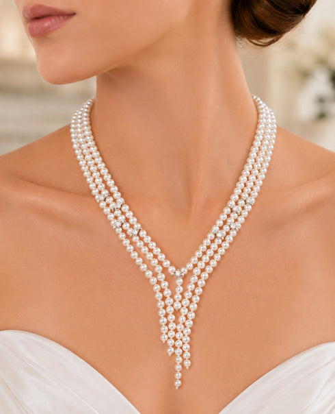 V-shaped Aurora Pearl Sweater Necklace, multi-strand white pearls with crystal accents