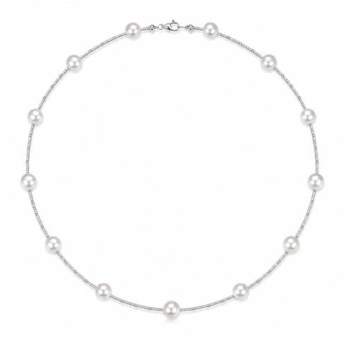 Akoya pearl necklace with 7.5–8.0mm white Japanese pearls on a slender silver-tone chain