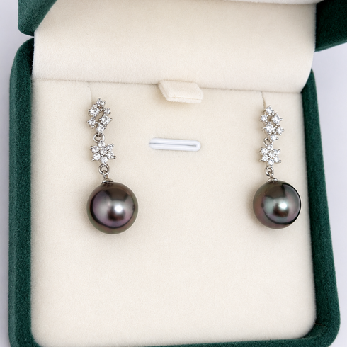 Pair of House Of Pearls Stellar Night Drop earrings with 10–11mm Tahitian pearls and crystal-accented drops
