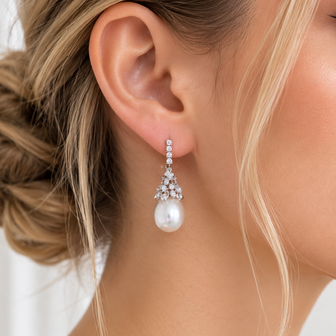 Earrings, Regal Crown drop with 10–11mm Australian White South Sea oval pearl and diamond crown setting