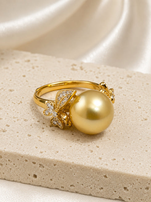 Ring 11–12mm Golden South Sea Pearl Floral Ring in gold with diamond-accent petals (House Of Pearls XM)