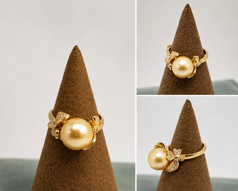 Golden South Sea Pearl floral ring by House Of Pearls XM, 11–12mm pearl on a yellow-gold band with diamond-accent petals