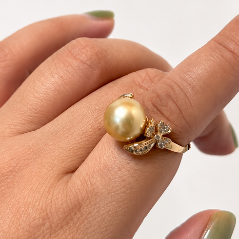 Ring 11–12mm Golden South Sea Pearl with floral design on gold band, House Of Pearls - XM