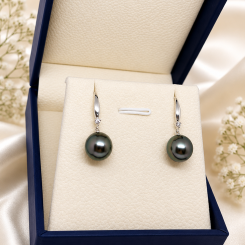 9–10mm Tahitian Pearl Solitaire Hook Earrings, pair with green-black pearls and diamond-accented silver hooks