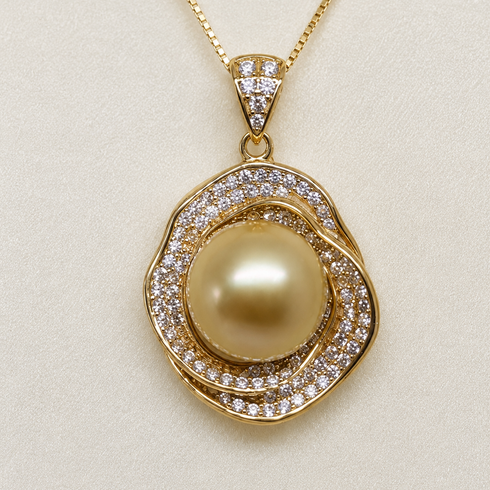 Rose halo pendant necklace with a 10–11mm South Sea golden pearl, gold setting and pavé diamonds.