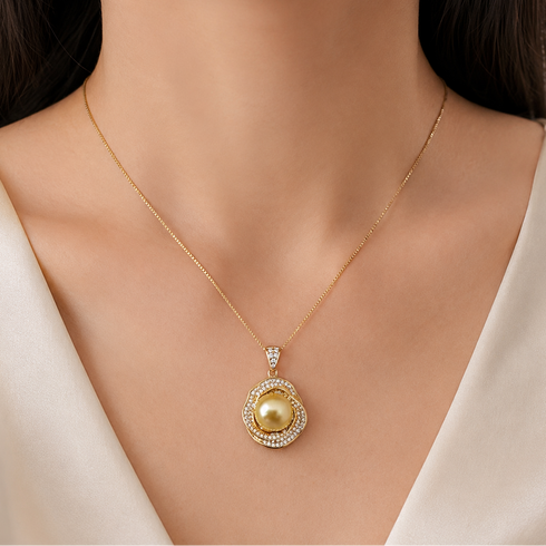 10–11mm South Sea Golden Pearl Rose Halo Pendant Necklace from House Of Pearls XM on a gold chain.