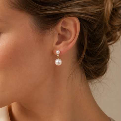 Earrings: 9–10mm freshwater pearl duo drop with small top pearl and larger bottom pearl