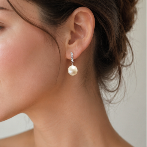 Earrings 11–12mm Edison Pearl Geometric Drop by House Of Pearls - JX; white pearl on silver geometric chain