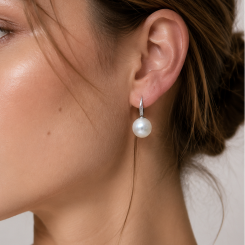 Earrings 13–14mm Edison pearl baguette hook drop on silver-toned metal