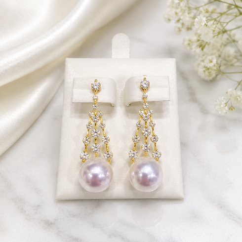 8–9mm Freshwater Pearl CZ Celestial Drop Earrings pair in gold-tone with sparkling crystal chains and pearls.