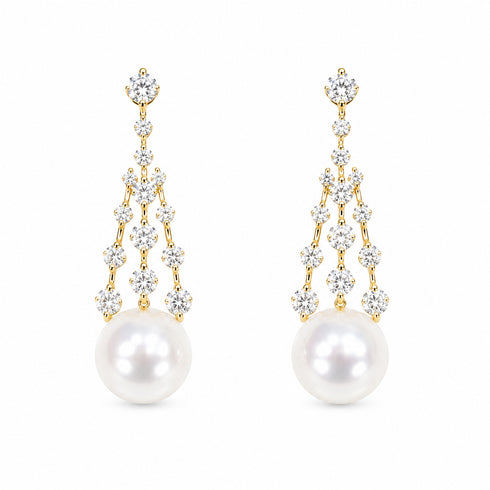 8–9mm Freshwater Pearl CZ Celestial Drop Earrings, gold-tone with crystal accents, pair