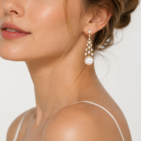 Earrings, 8–9mm freshwater pearl CZ celestial drop, gold-tone with crystal accents, House of Pearls-JT