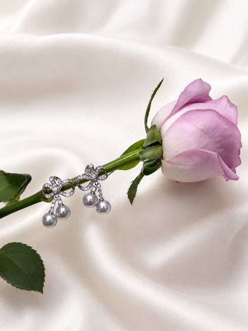 Earrings by House Of Pearls: 7–8mm silver-blue Akoya pearls, celestial bow duo drop (pair)