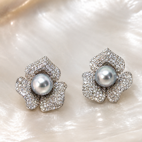 Floral Akoya pearl stud earrings with pavé diamond petals in silver, 7-8mm blue Japanese Akoya pearls (pair)