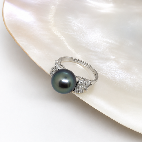 11-12mm Tahitian Pearl Sparkle Ring, silver band with diamond-accented leaf shoulders by House Of Pearls