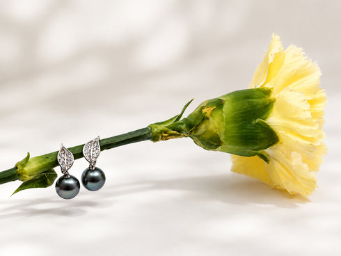 Earrings: Tahitian Pearl Leaf, 9–10mm dark pearls paired with diamond-studded silver leaf caps for a refined look
