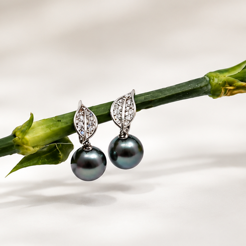 9-10mm Tahitian Pearl Leaf Earrings by House Of Pearls, silver leaf setting with pavé diamonds and Tahitian pearls 2pc