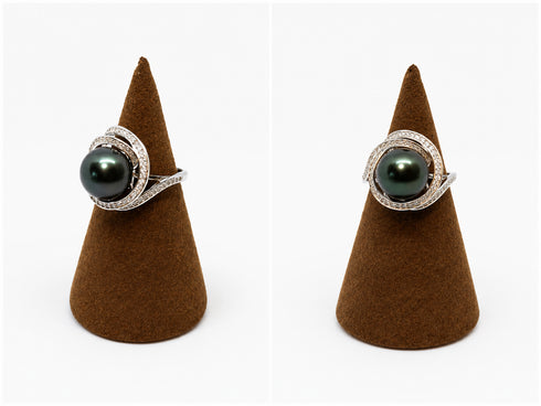 11-12mm Tahitian Pearl Ocean Swirl Ring, silver band with pave diamonds and a dark Tahitian pearl (two views).